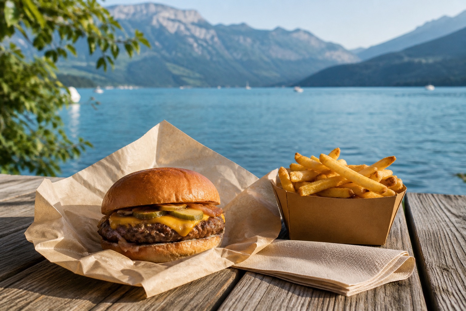 Smash burger à emporter avec frites près d’un lac alpin